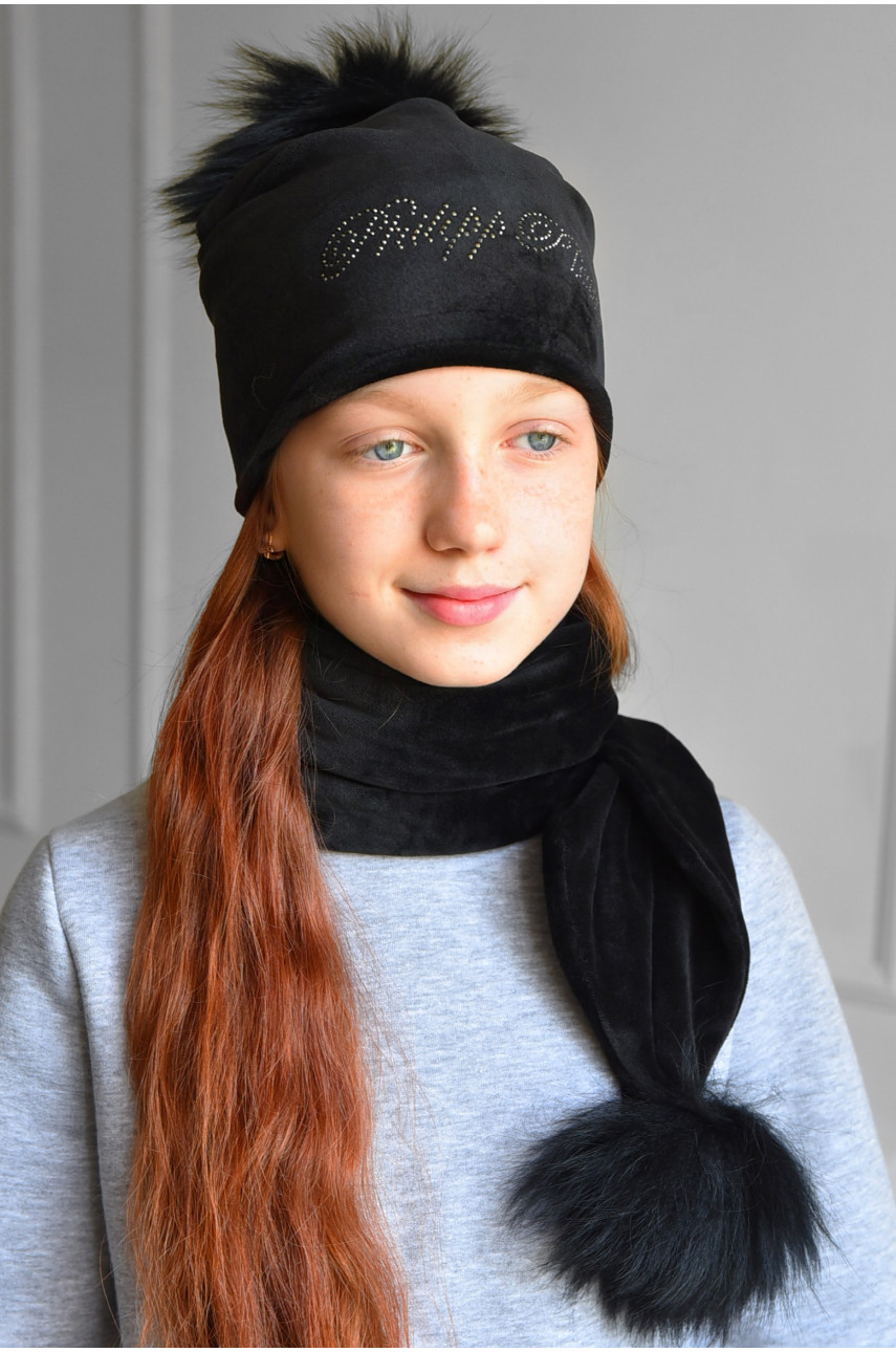 Набор шапка+шарф подростковый для девочки велюровый  черного цвета 212 182954