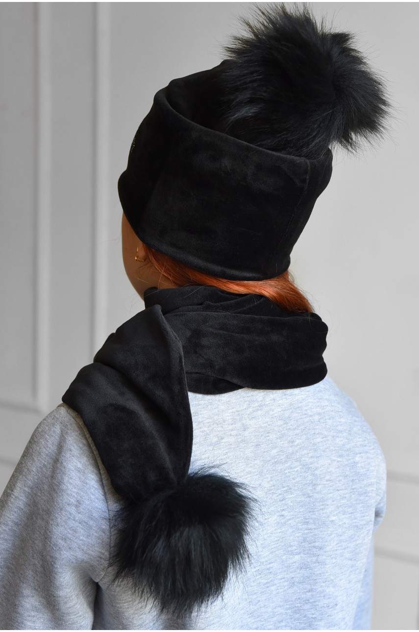 Набор шапка+шарф подростковый для девочки велюровый  черного цвета 212 182954