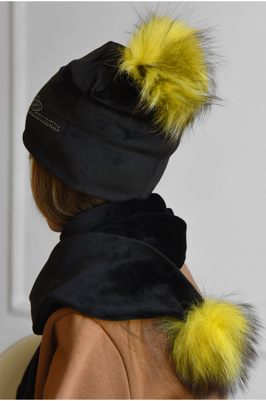 Набор шапка+шарф подростковый для девочки велюровый  черного цвета 213 182955