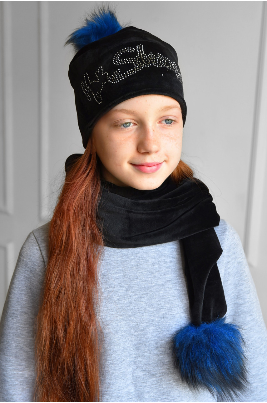 Набор шапка+шарф подростковый для девочки велюровый  черного цвета 214 182956