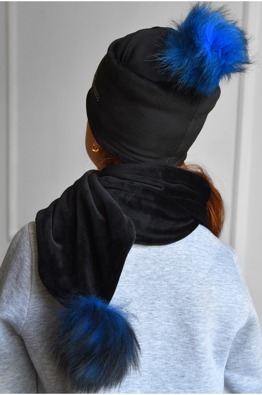 Набор шапка+шарф подростковый для девочки велюровый  черного цвета 214 182956