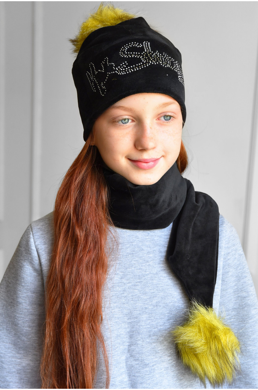 Набор шапка+шарф подростковый для девочки велюровый  черного цвета 215 182957