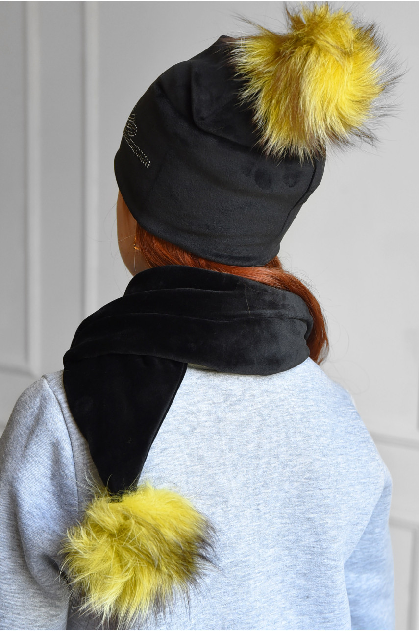 Набор шапка+шарф подростковый для девочки велюровый  черного цвета 215 182957