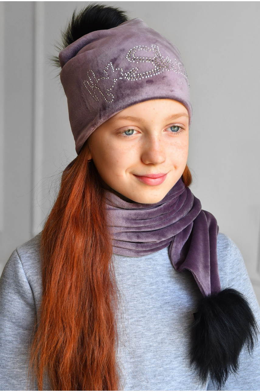 Набор шапка+шарф подростковый для девочки велюровый  фиолетового цвета 216 182958