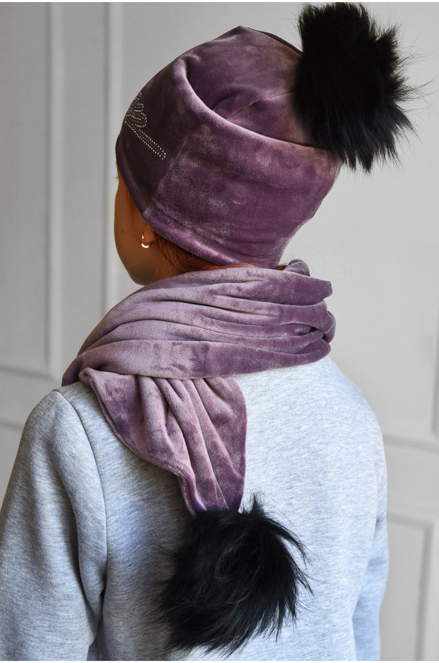 Набор шапка+шарф подростковый для девочки велюровый  фиолетового цвета 216 182958