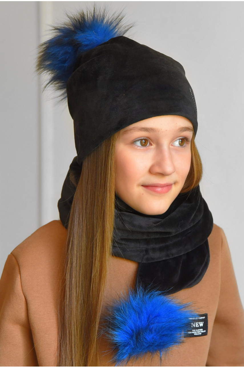Набор шапка+шарф подростковый для девочки велюровый  черного цвета 219 182961