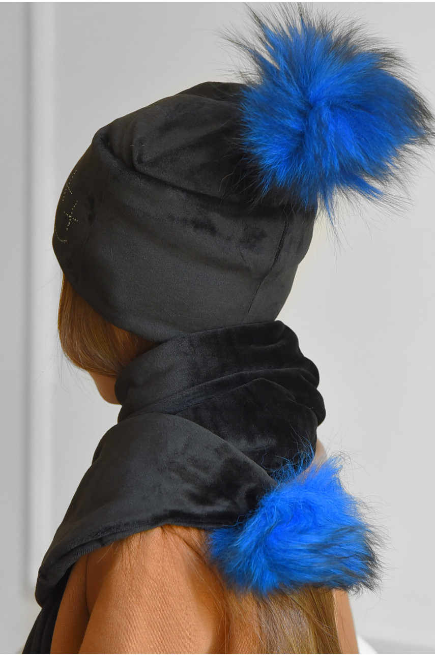 Набор шапка+шарф подростковый для девочки велюровый  черного цвета 219 182961