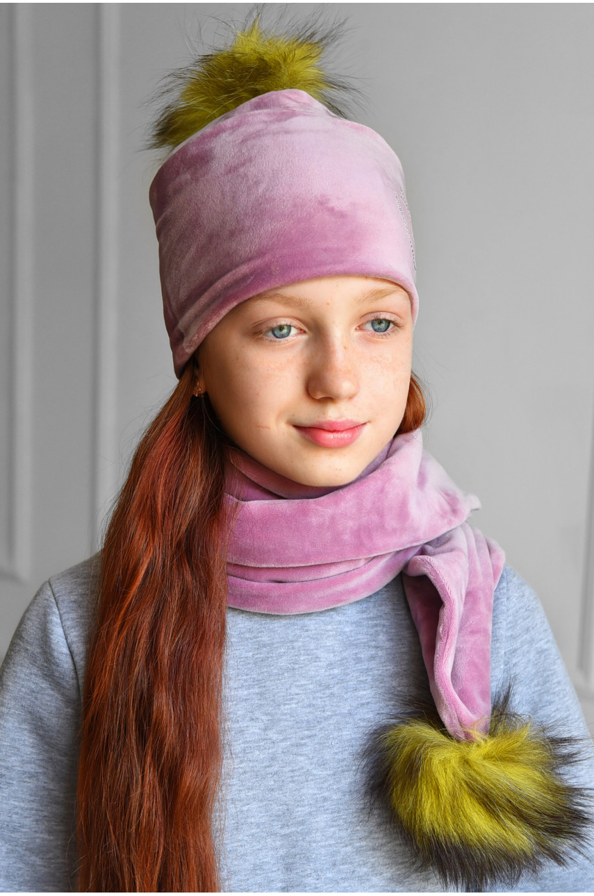 Набор шапка+шарф подростковый для девочки велюровый  розового цвета 220 182962