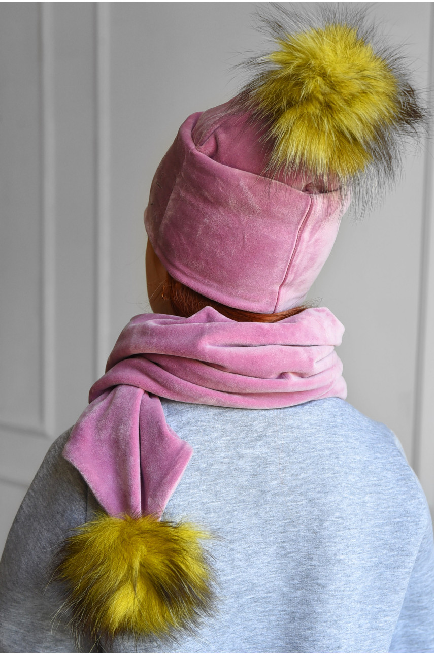 Набор шапка+шарф подростковый для девочки велюровый  розового цвета 220 182962