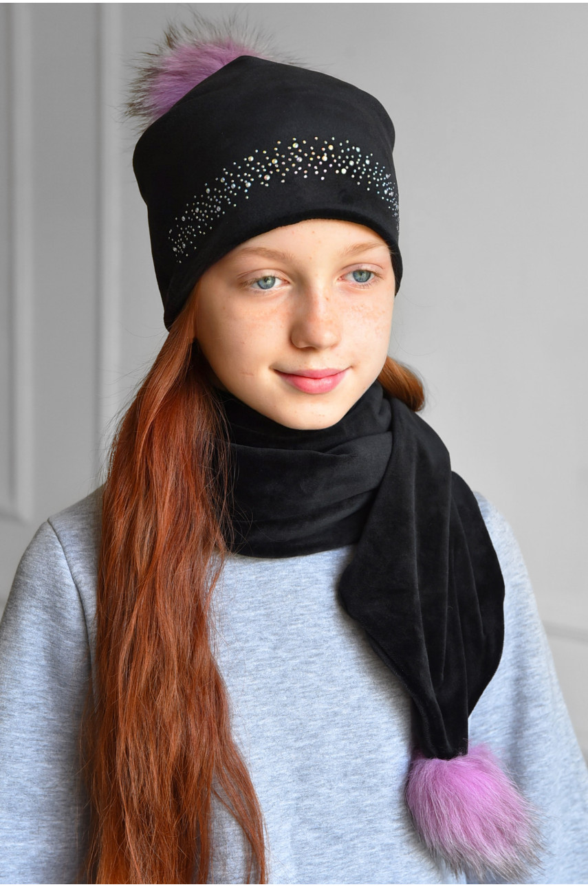 Набор шапка+шарф подростковый для девочки велюровый  черного цвета 222 182964