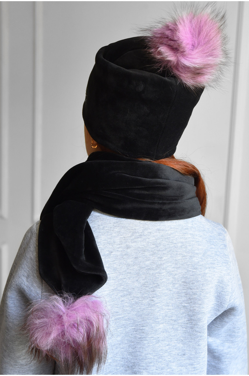 Набор шапка+шарф подростковый для девочки велюровый  черного цвета 222 182964