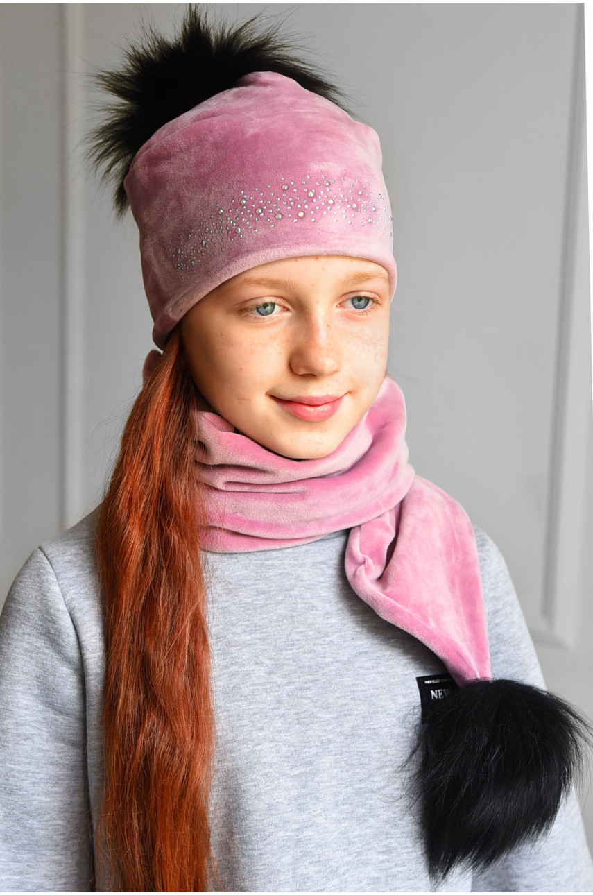 Набор шапка+шарф подростковый для девочки велюровый  розового цвета 224 182966