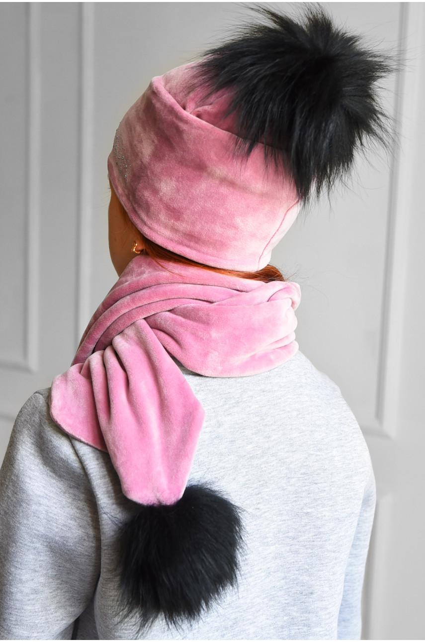 Набор шапка+шарф подростковый для девочки велюровый  розового цвета 224 182966