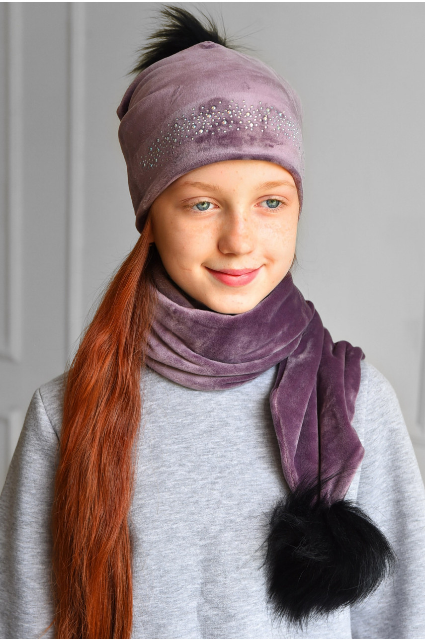 Набор шапка+шарф подростковый для девочки велюровый  фиолетового цвета 225 182967