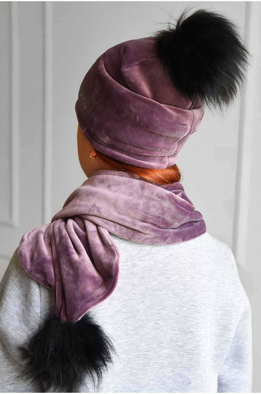 Набор шапка+шарф подростковый для девочки велюровый  фиолетового цвета 225 182967