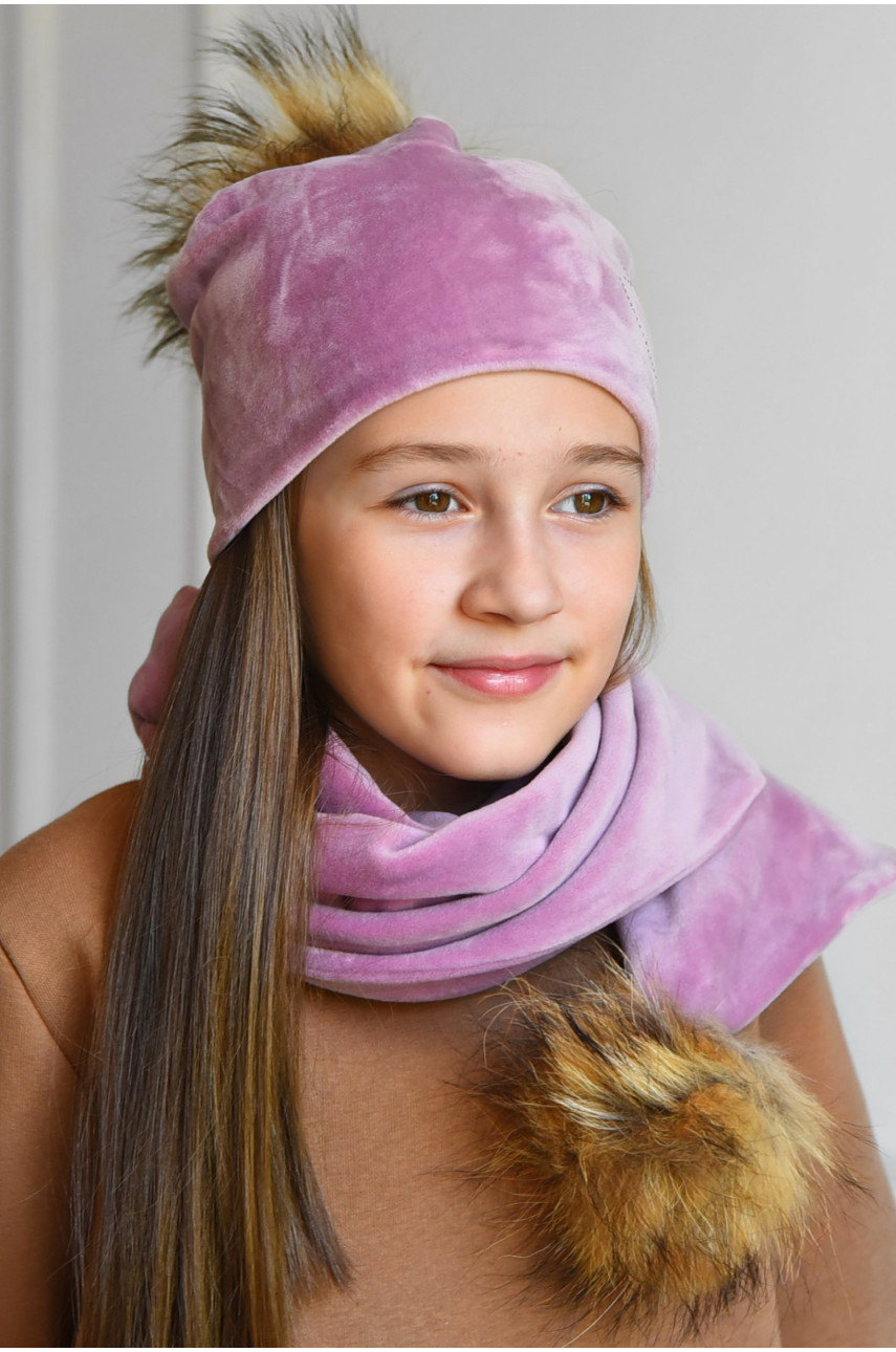 Набор шапка+шарф подростковый для девочки велюровый  розового цвета 227 182972