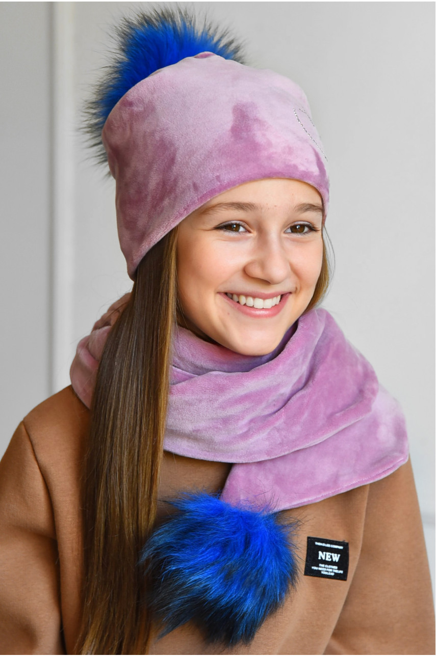 Набор шапка+шарф подростковый для девочки велюровый  розового цвета 228 182973