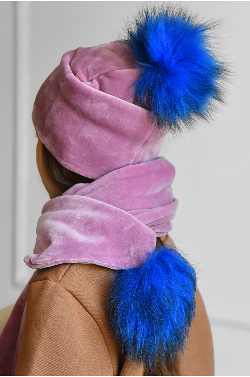 Набор шапка+шарф подростковый для девочки велюровый  розового цвета 228 182973