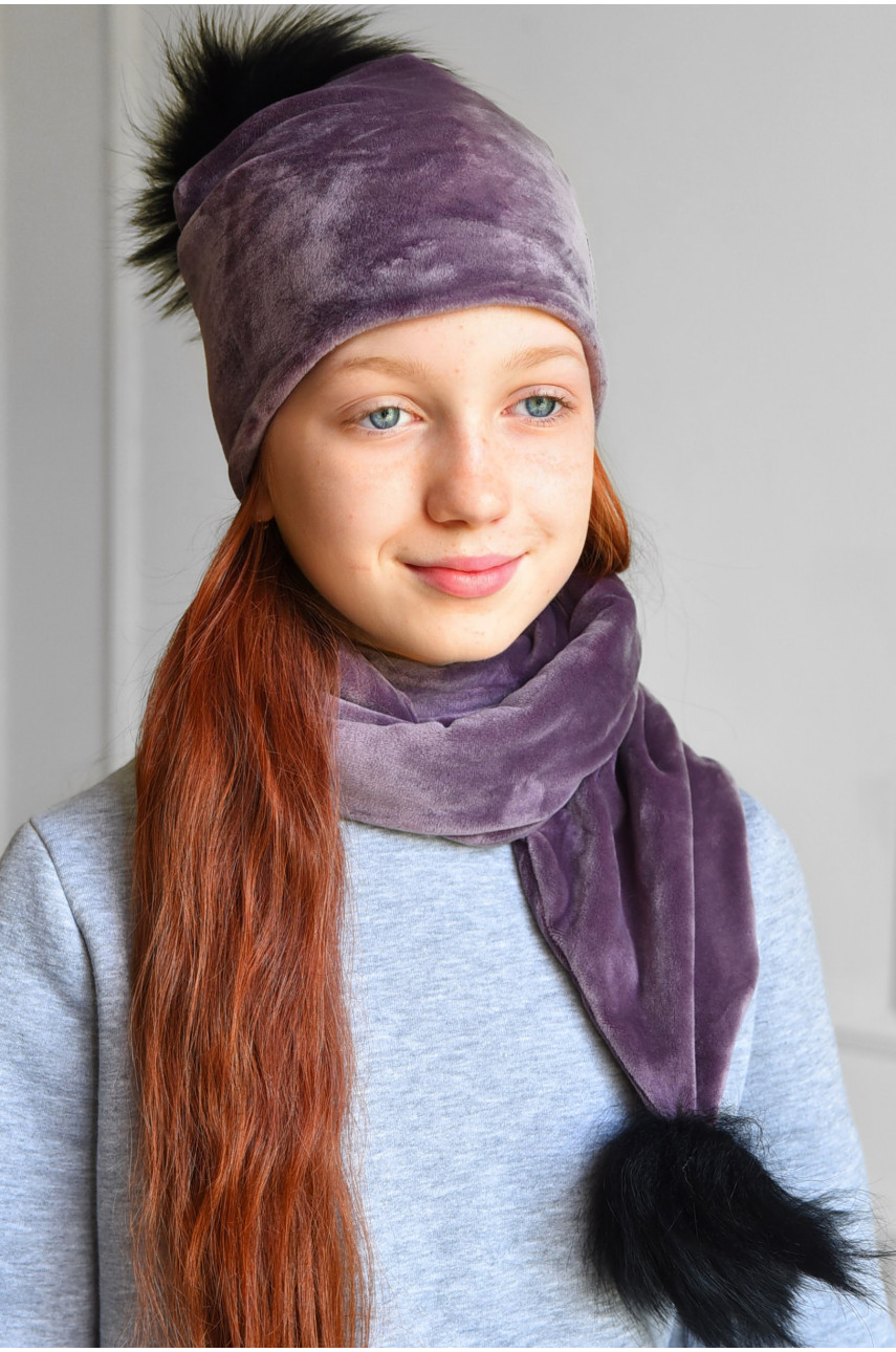 Набор шапка+шарф подростковый для девочки велюровый  сиреневого цвета 230 182975