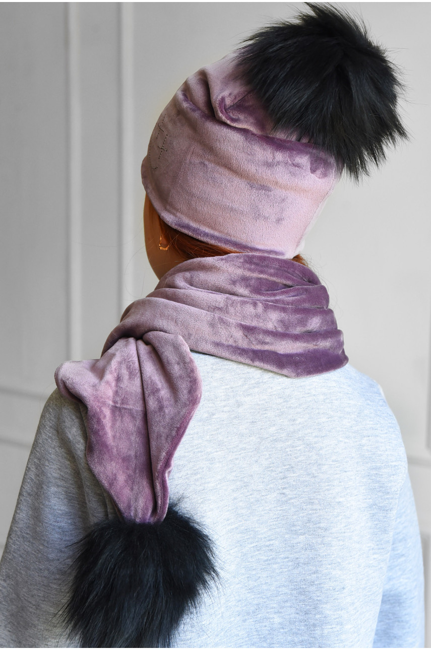 Набор шапка+шарф подростковый для девочки велюровый  сиреневого цвета 230 182975