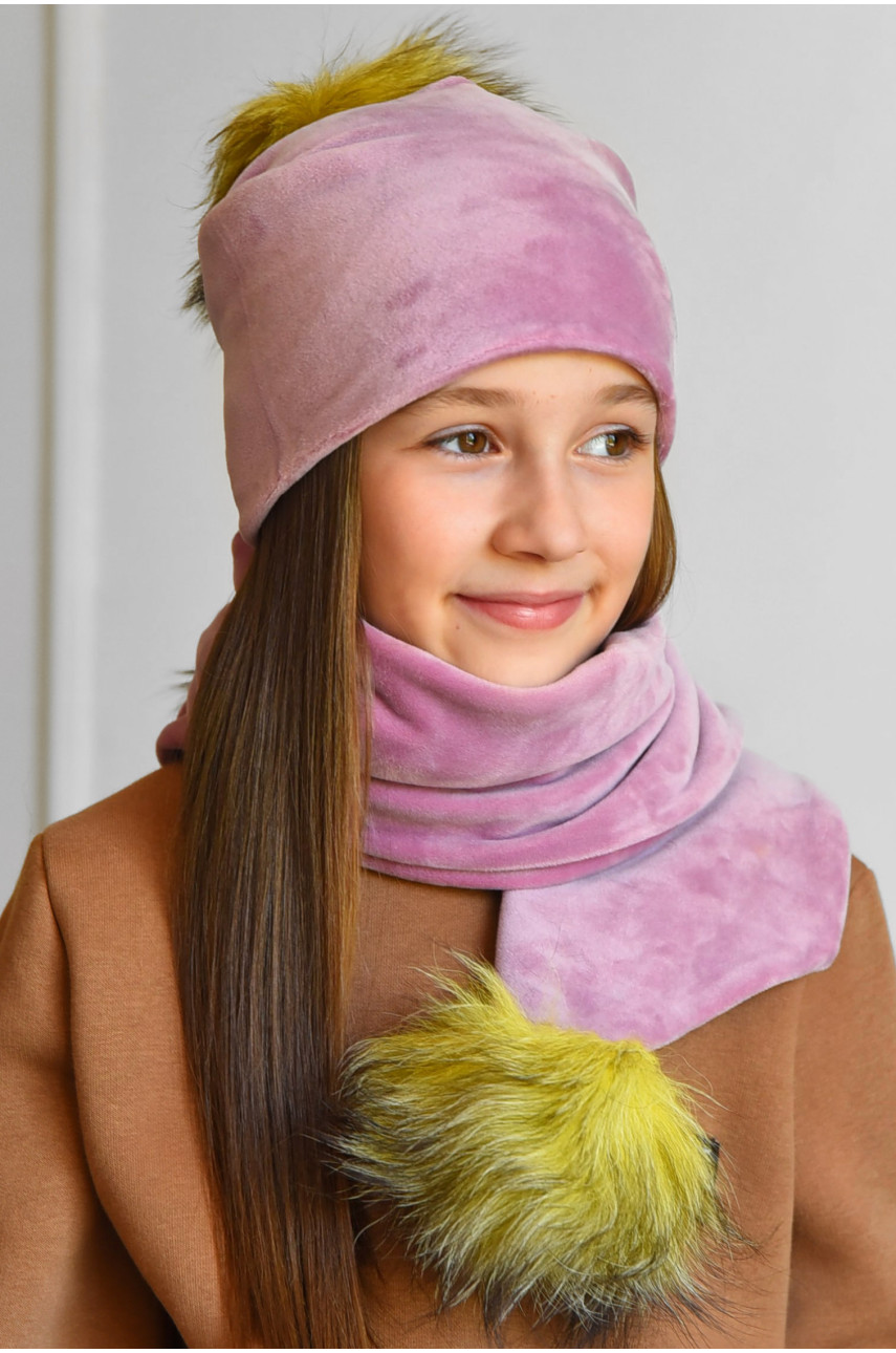 Набор шапка+шарф подростковый для девочки велюровый  розового цвета 232 182977