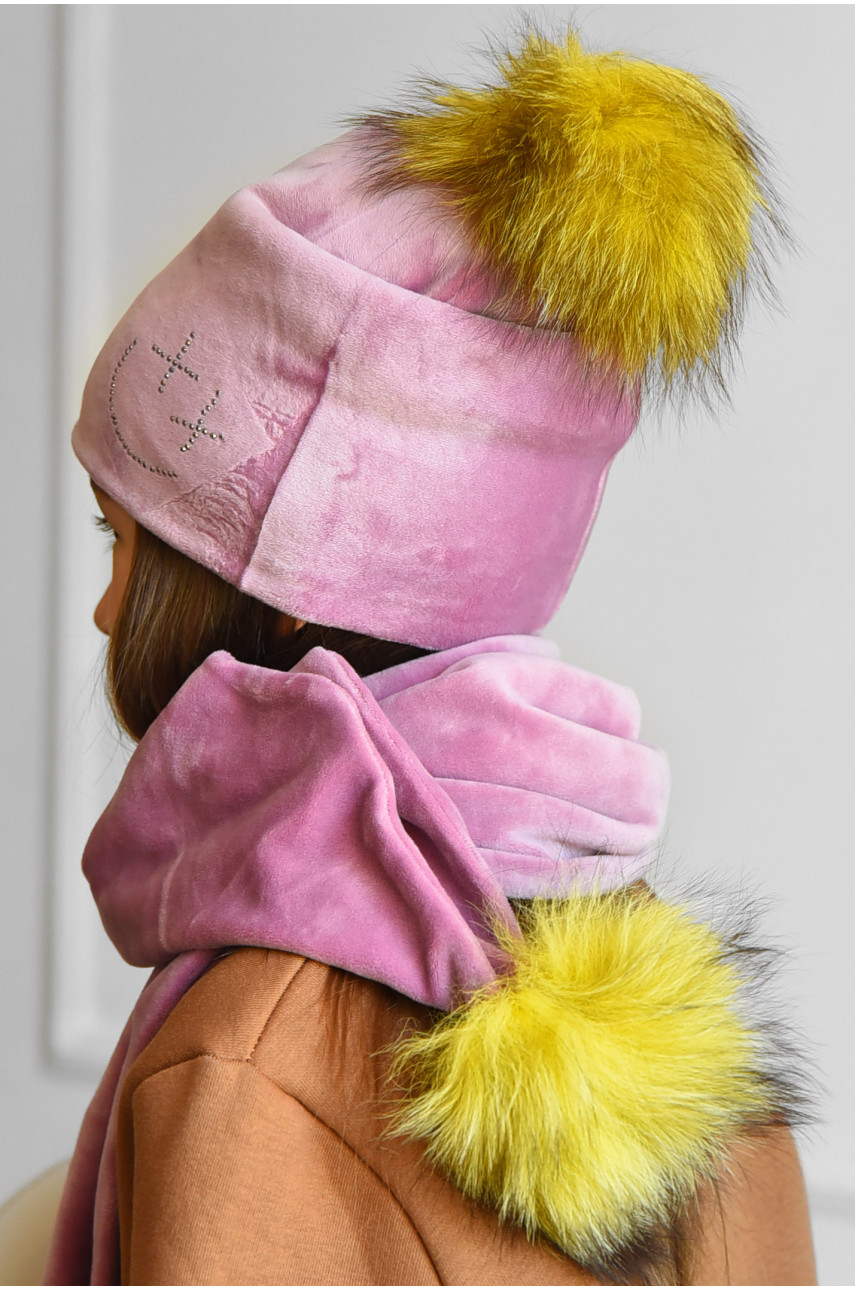 Набор шапка+шарф подростковый для девочки велюровый  розового цвета 232 182977