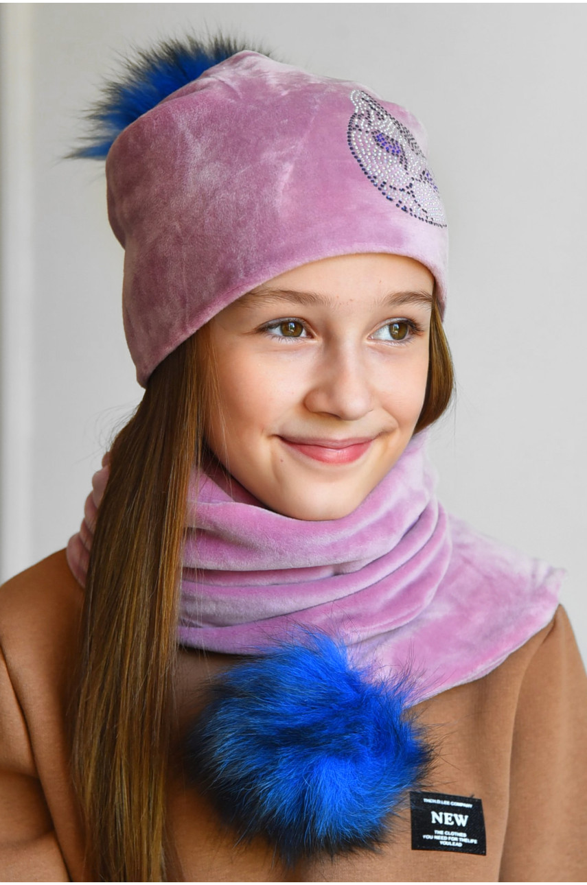 Набор шапка+шарф подростковый для девочки велюровый  розового цвета 233 182978