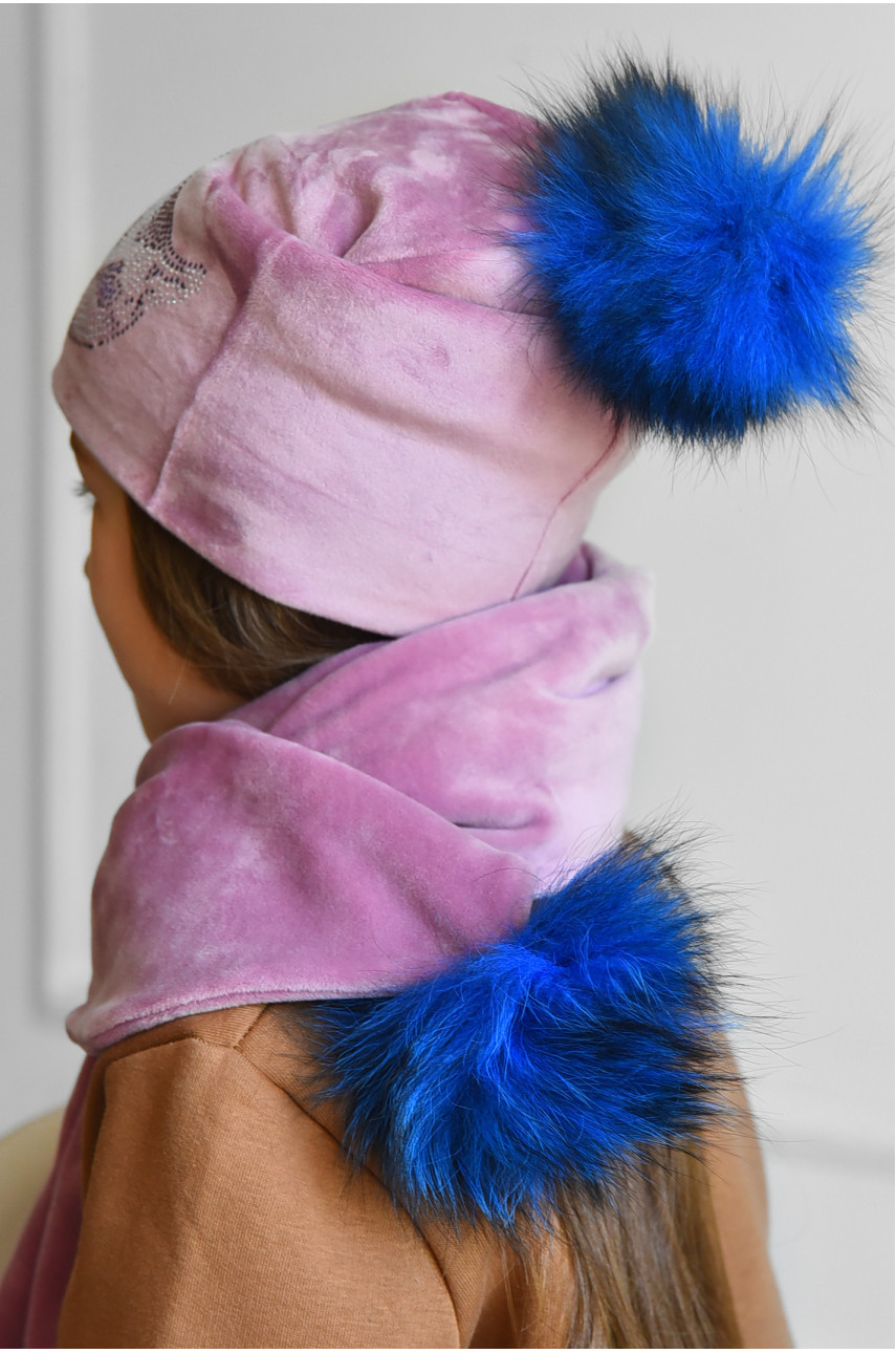 Набор шапка+шарф подростковый для девочки велюровый  розового цвета 233 182978