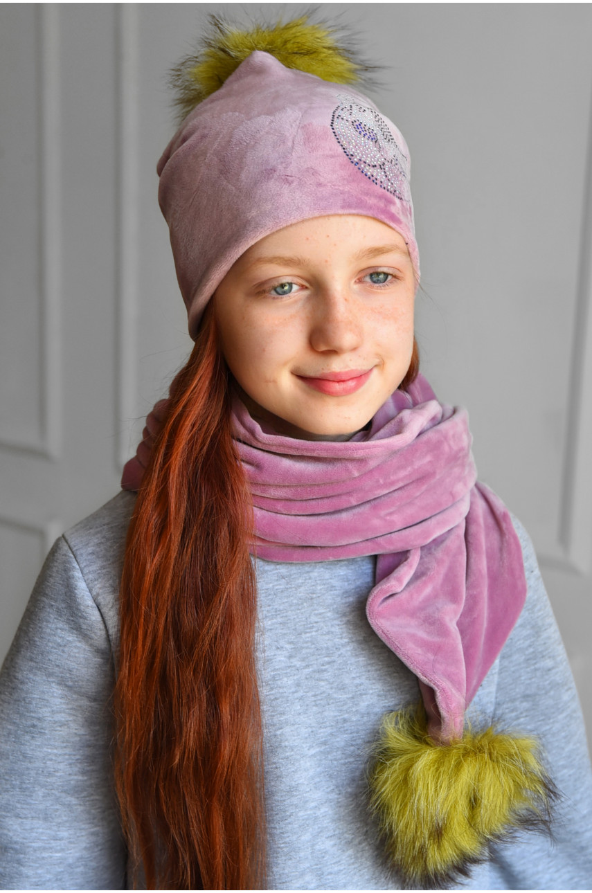 Набор шапка+шарф подростковый для девочки велюровый  розового цвета 235 182980
