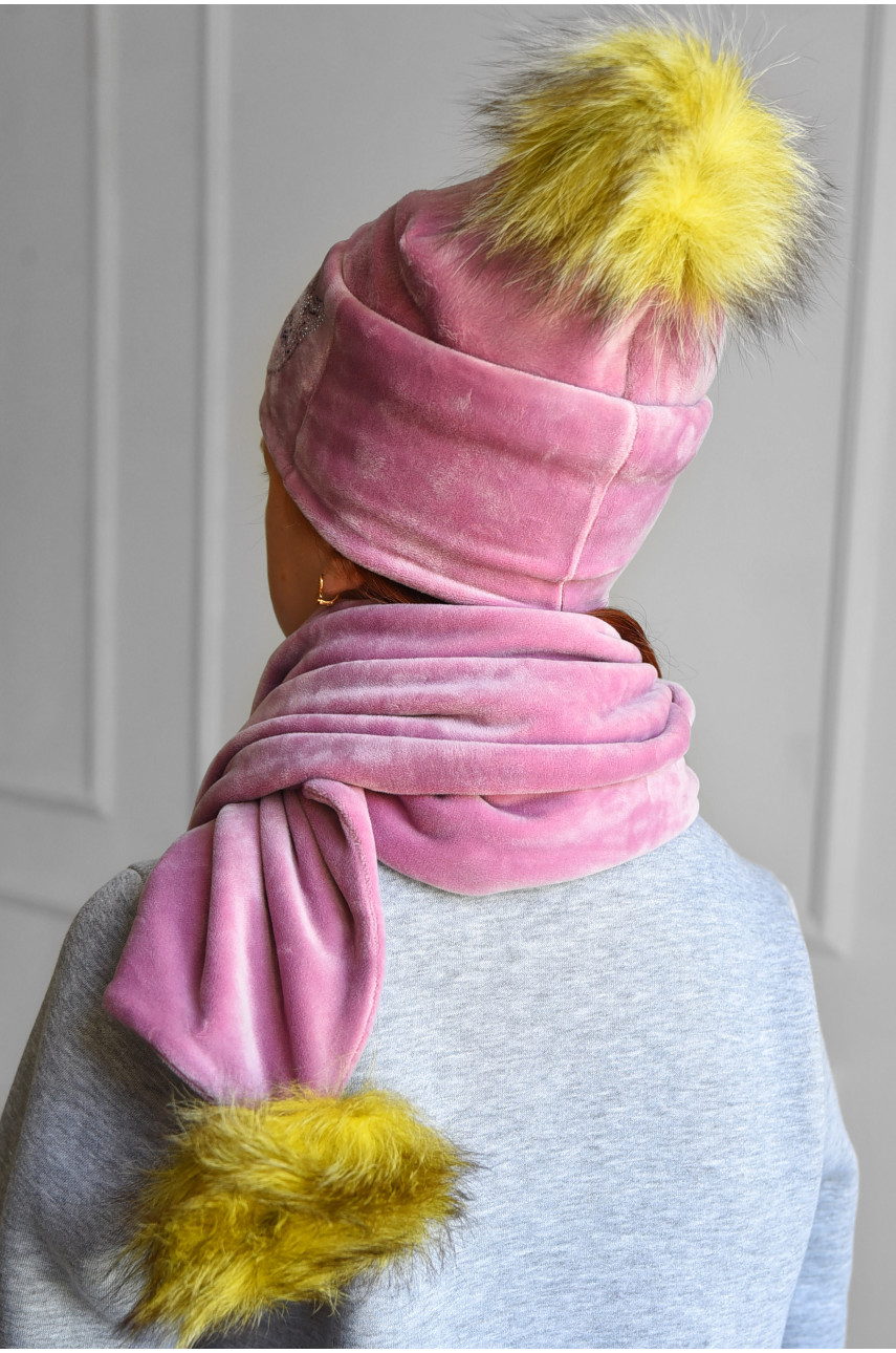 Набор шапка+шарф подростковый для девочки велюровый  розового цвета 235 182980