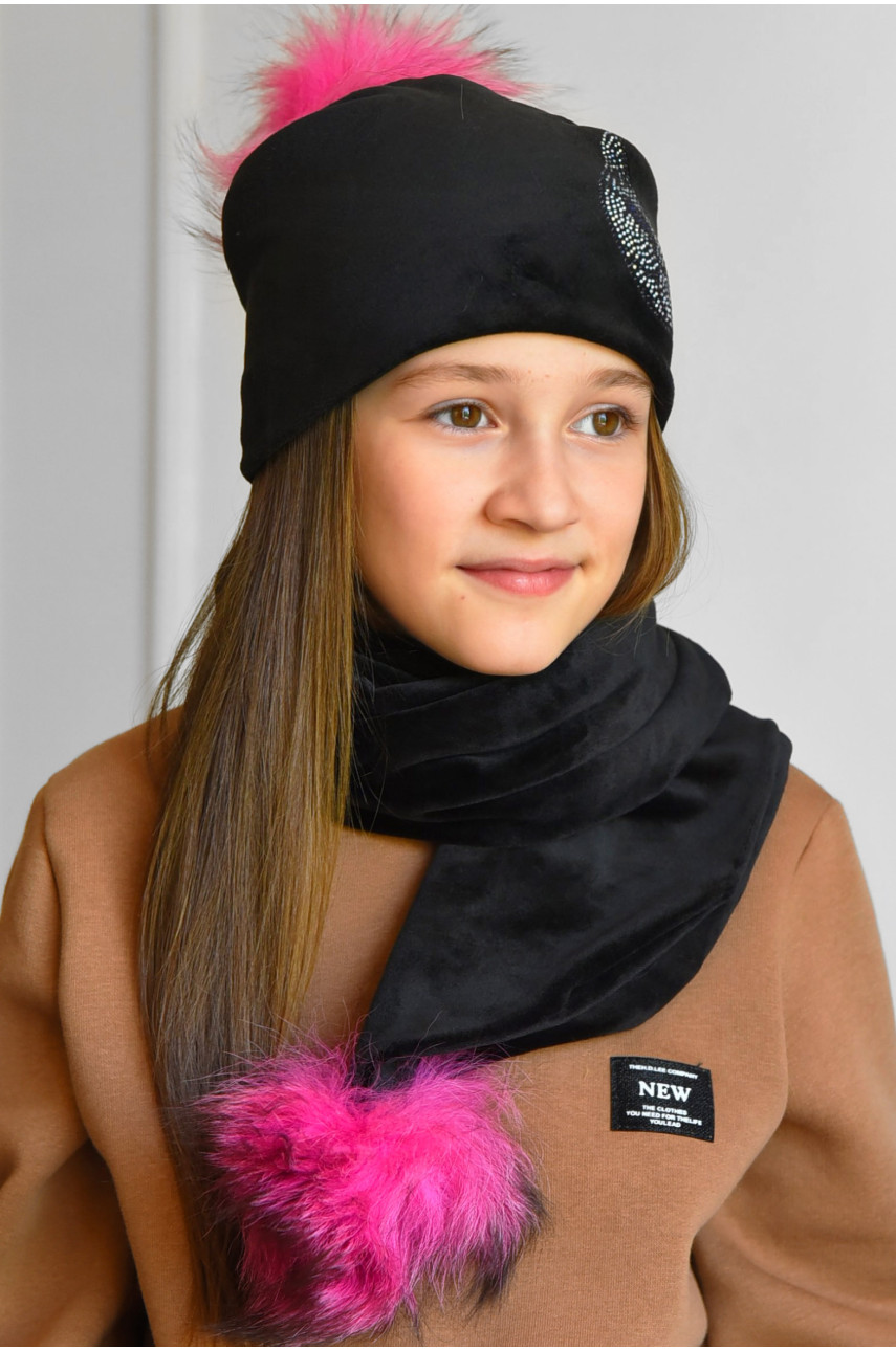 Набор шапка+шарф подростковый для девочки велюровый  черного цвета 237 182982