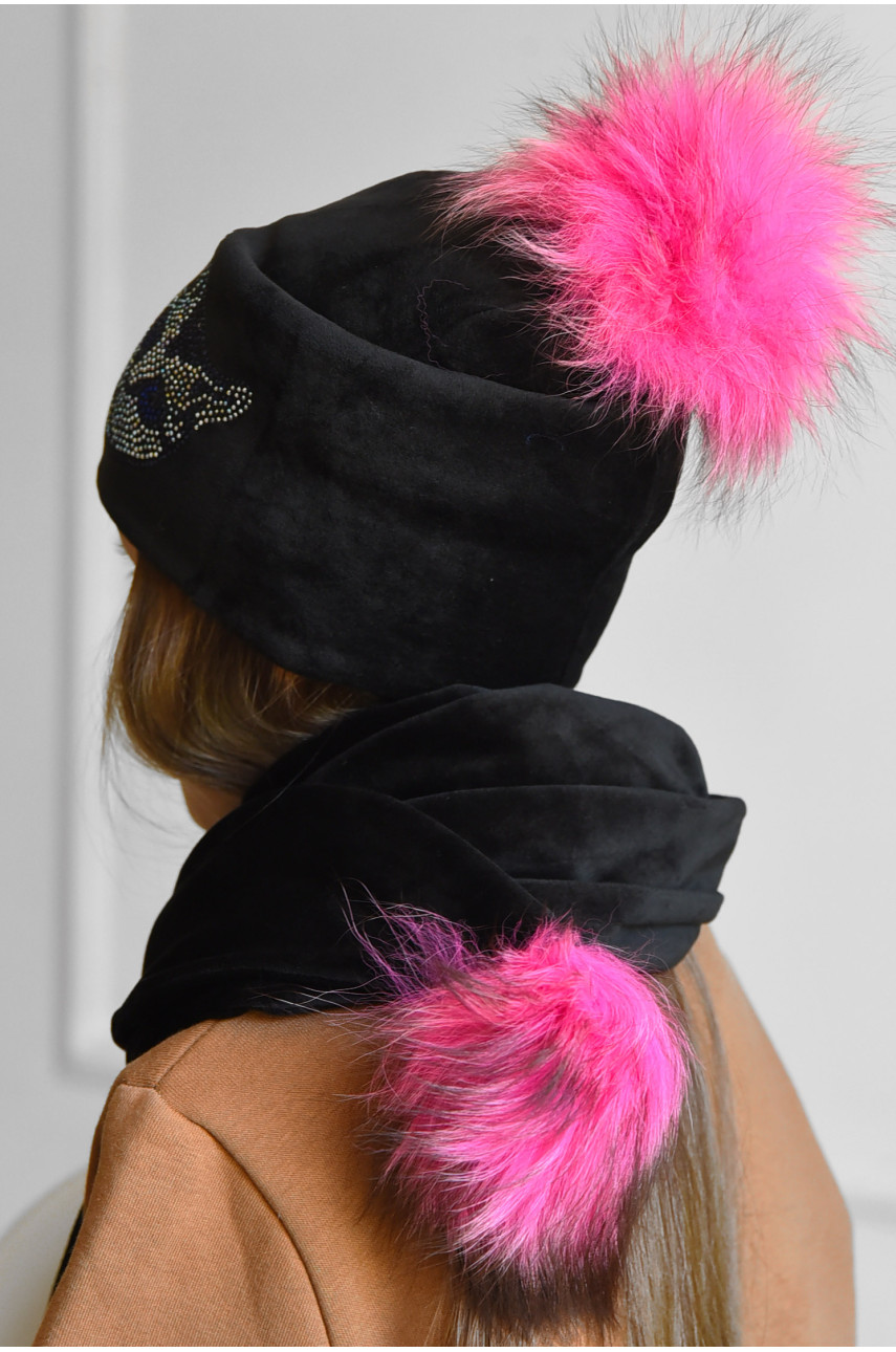 Набор шапка+шарф подростковый для девочки велюровый  черного цвета 237 182982