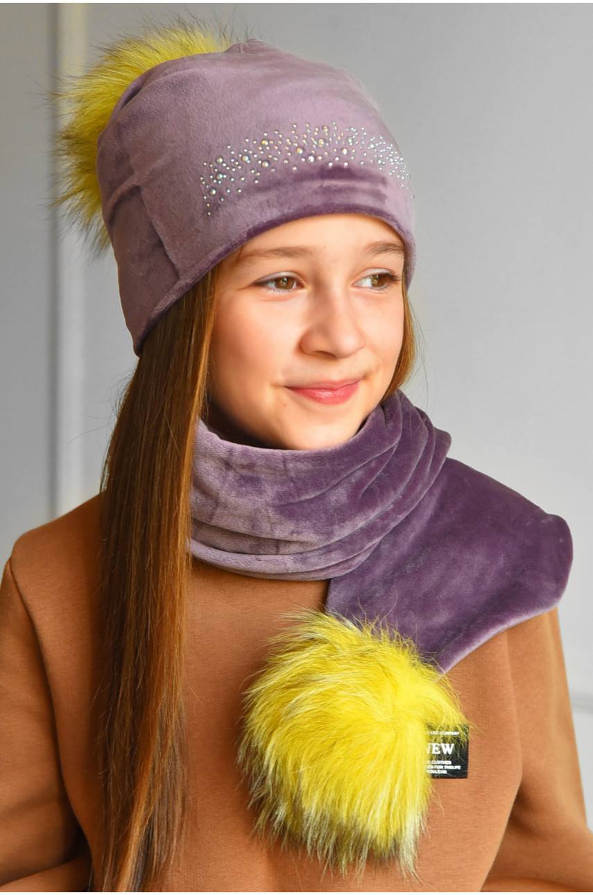 Набор шапка+шарф подростковый для девочки велюровый  сиреневого цвета 258 183022