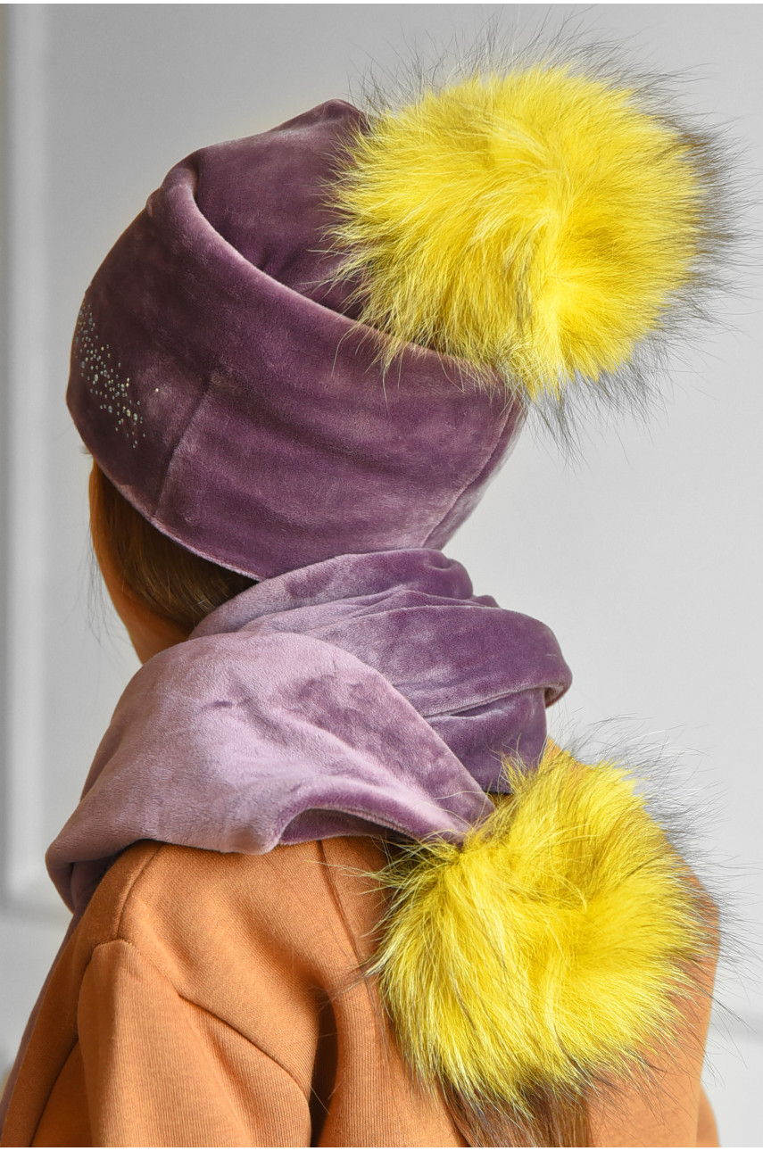 Набор шапка+шарф подростковый для девочки велюровый  сиреневого цвета 258 183022