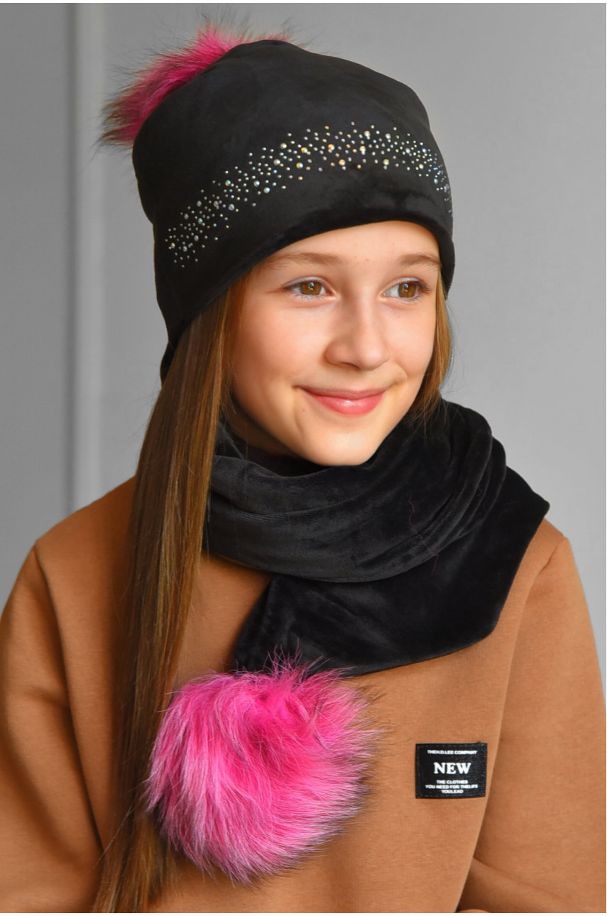 Набор шапка+шарф подростковый для девочки велюровый  черного цвета 260 183023
