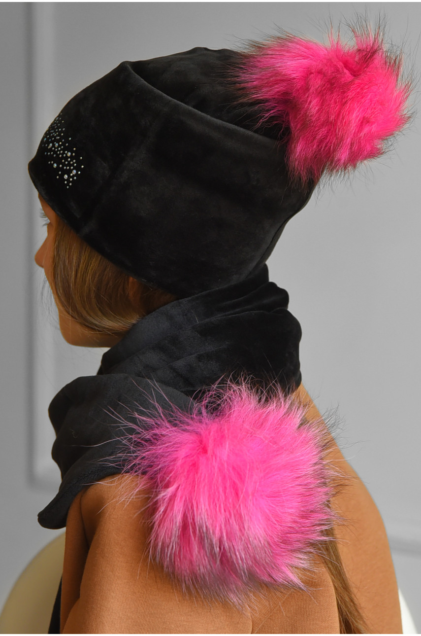 Набор шапка+шарф подростковый для девочки велюровый  черного цвета 260 183023