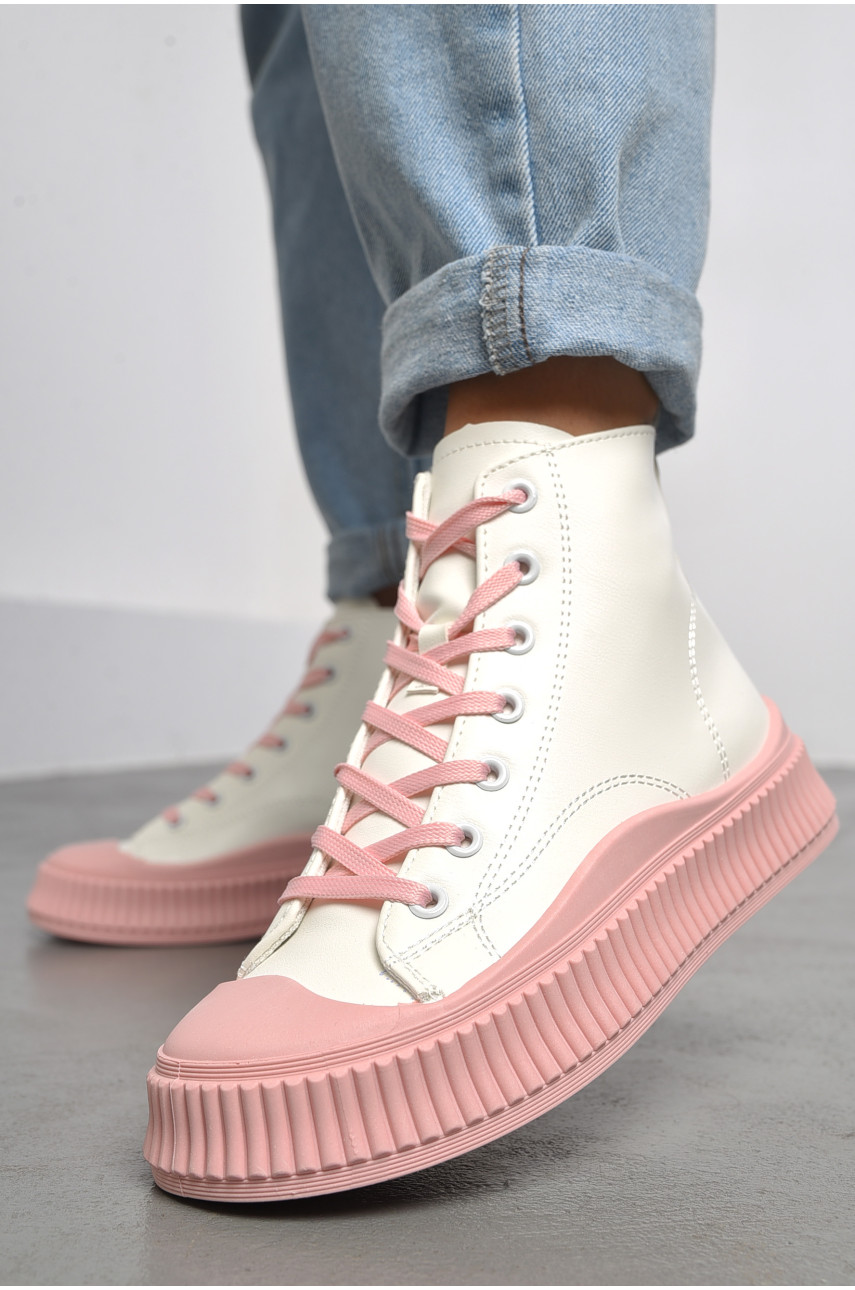 Кеды женские высокие бело-розового цвета на шнуровке 813-3 183134