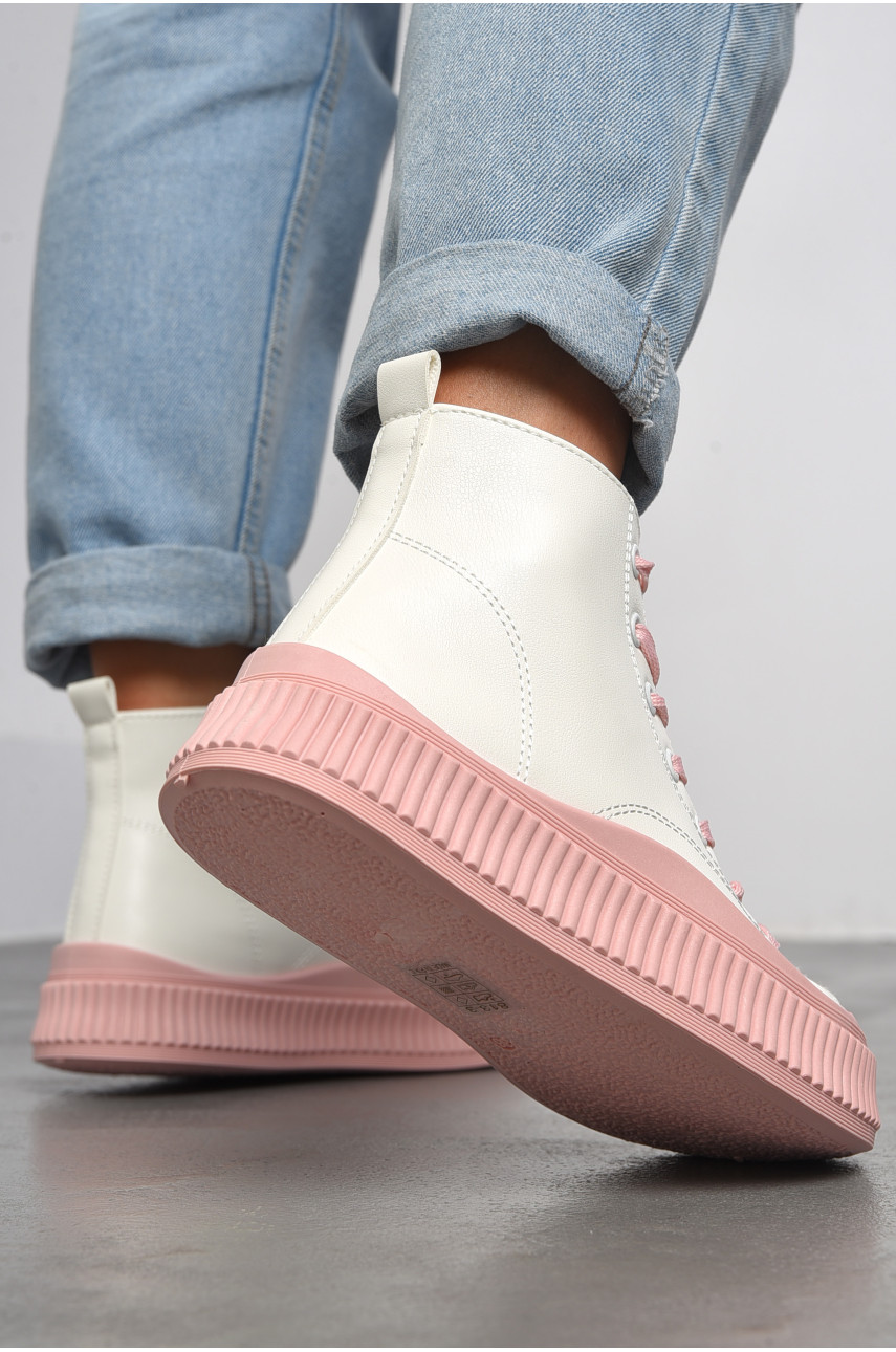 Кеды женские высокие бело-розового цвета на шнуровке 813-3 183134