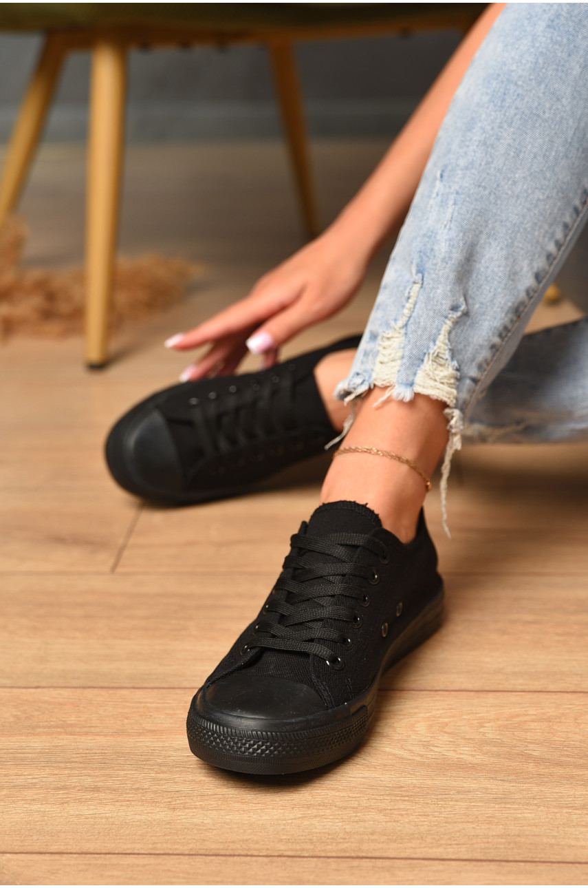 Кеды женские черного цвета на шнуровке текстиль 013-02 183279