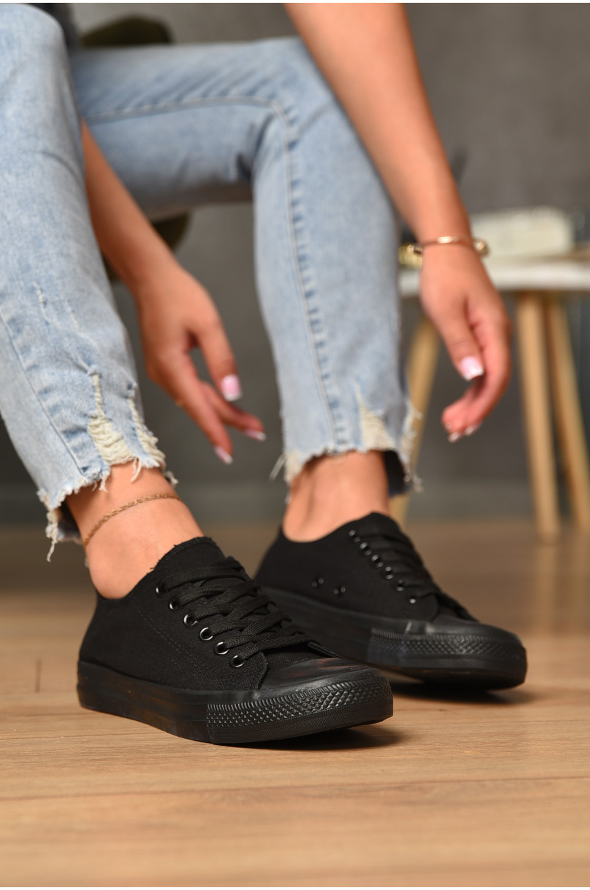 Кеды женские черного цвета на шнуровке текстиль 013-02 183279