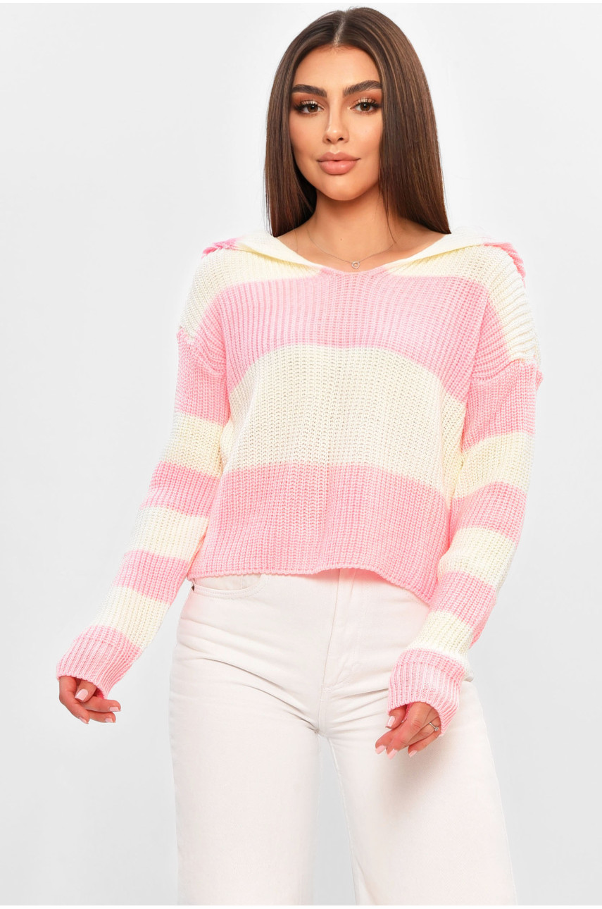 Свитер женский вязаный с капюшоном бело-розового цвета 350 184520