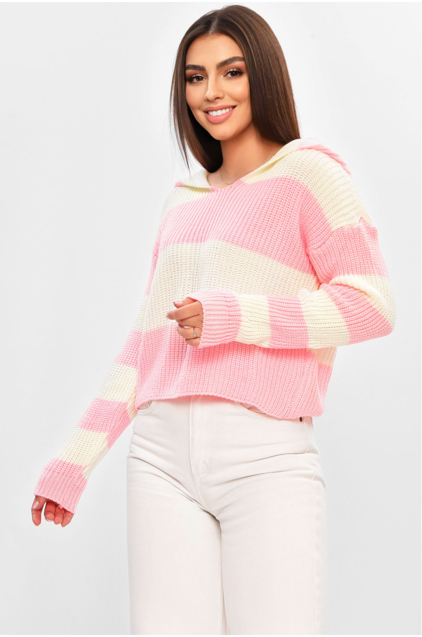 Свитер женский вязаный с капюшоном бело-розового цвета 350 184520