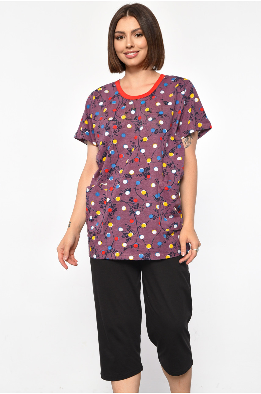 Костюм домашний женский полубатальный фиолетового цвета с принтом 683 185713