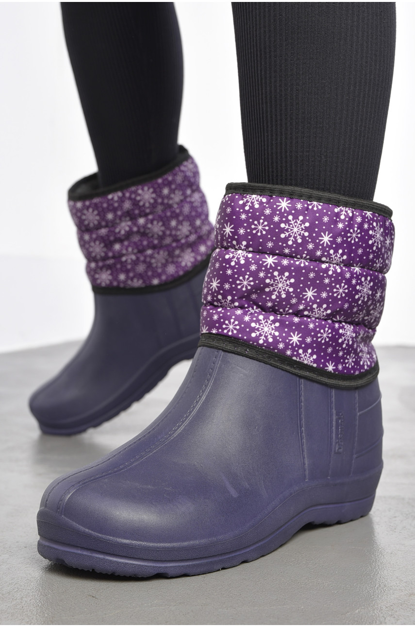 Дутики женские на меху фиолетового цвета со снежинками 186059