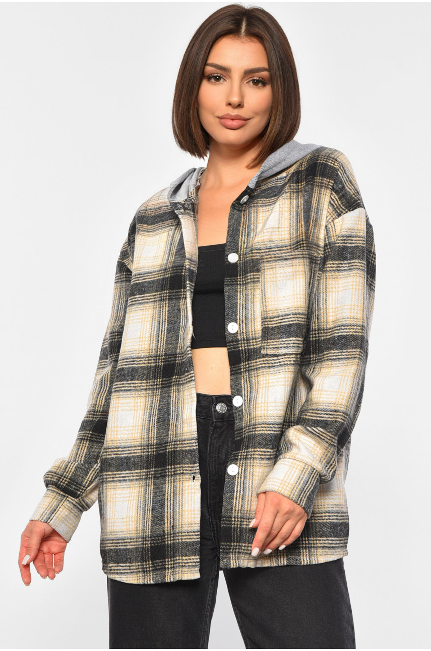 Женская рубашка батальная в клетку черного цвета 186679 Женская рубашка батальная в клетку черного цвета 186679