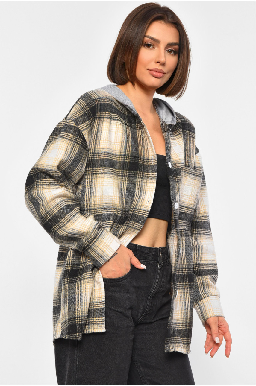 Женская рубашка батальная в клетку черного цвета 186679 Женская рубашка батальная в клетку черного цвета 186679