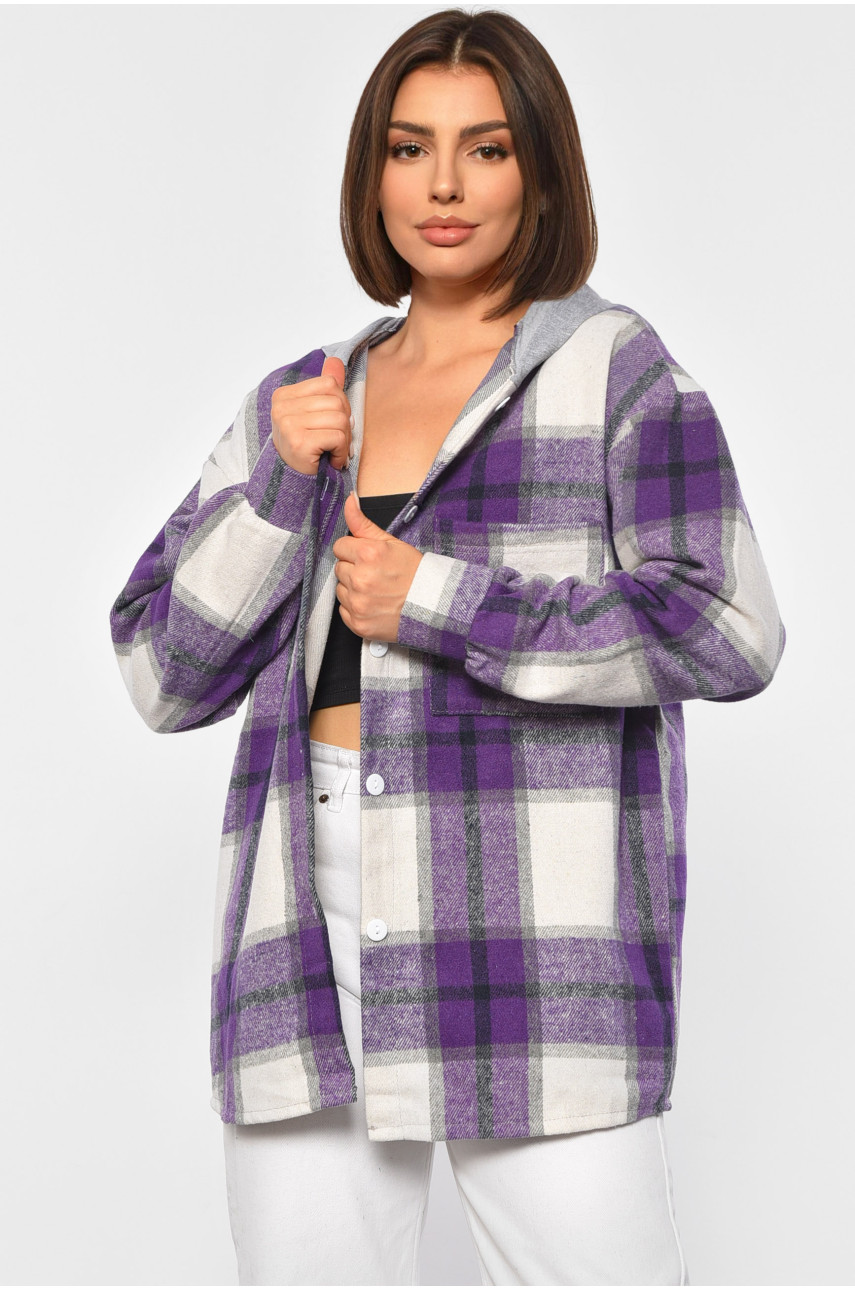 Женская рубашка батальная в клетку фиолетового цвета 186680 Женская рубашка батальная в клетку фиолетового цвета 186680