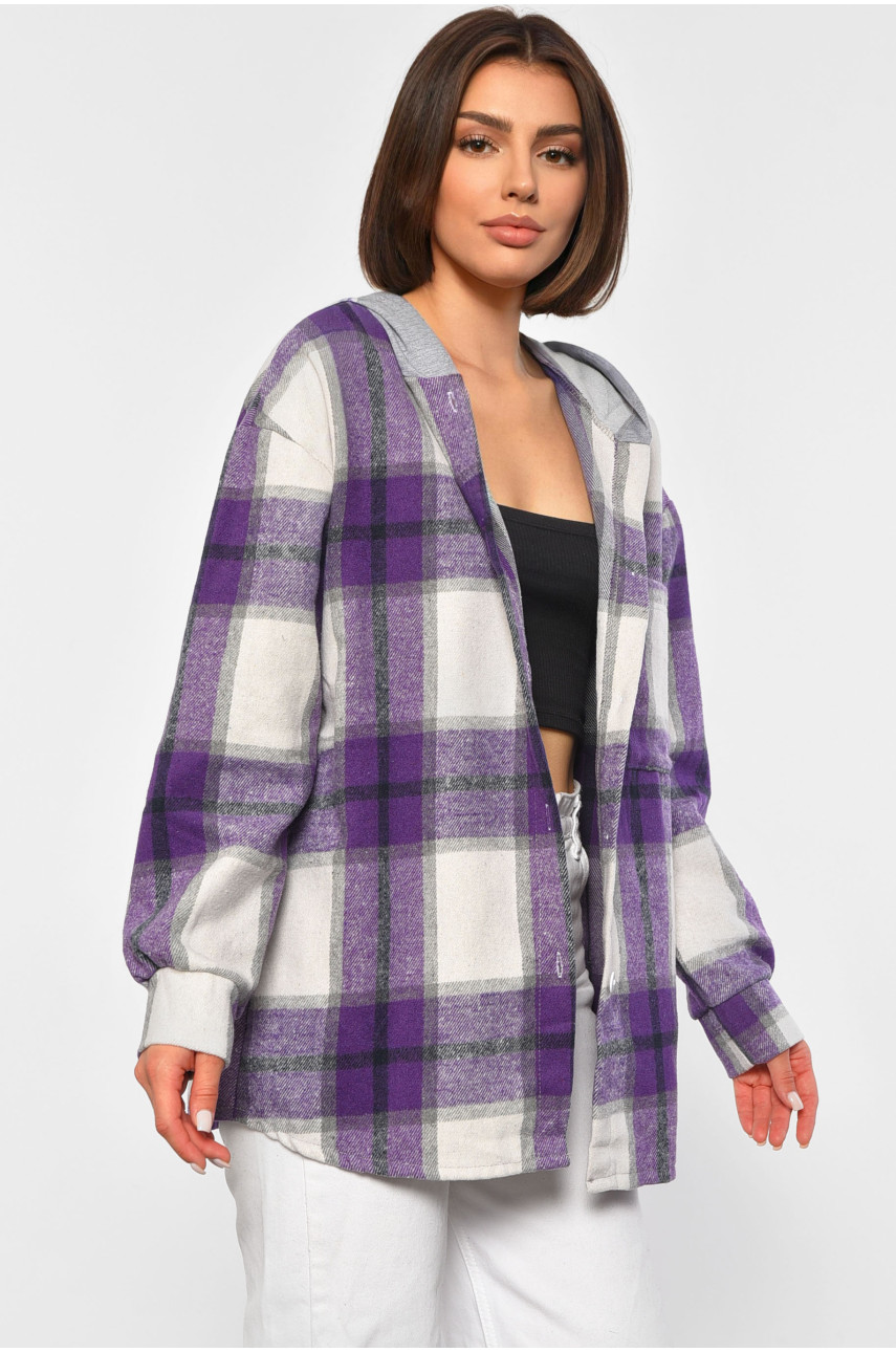 Женская рубашка батальная в клетку фиолетового цвета 186680 Женская рубашка батальная в клетку фиолетового цвета 186680