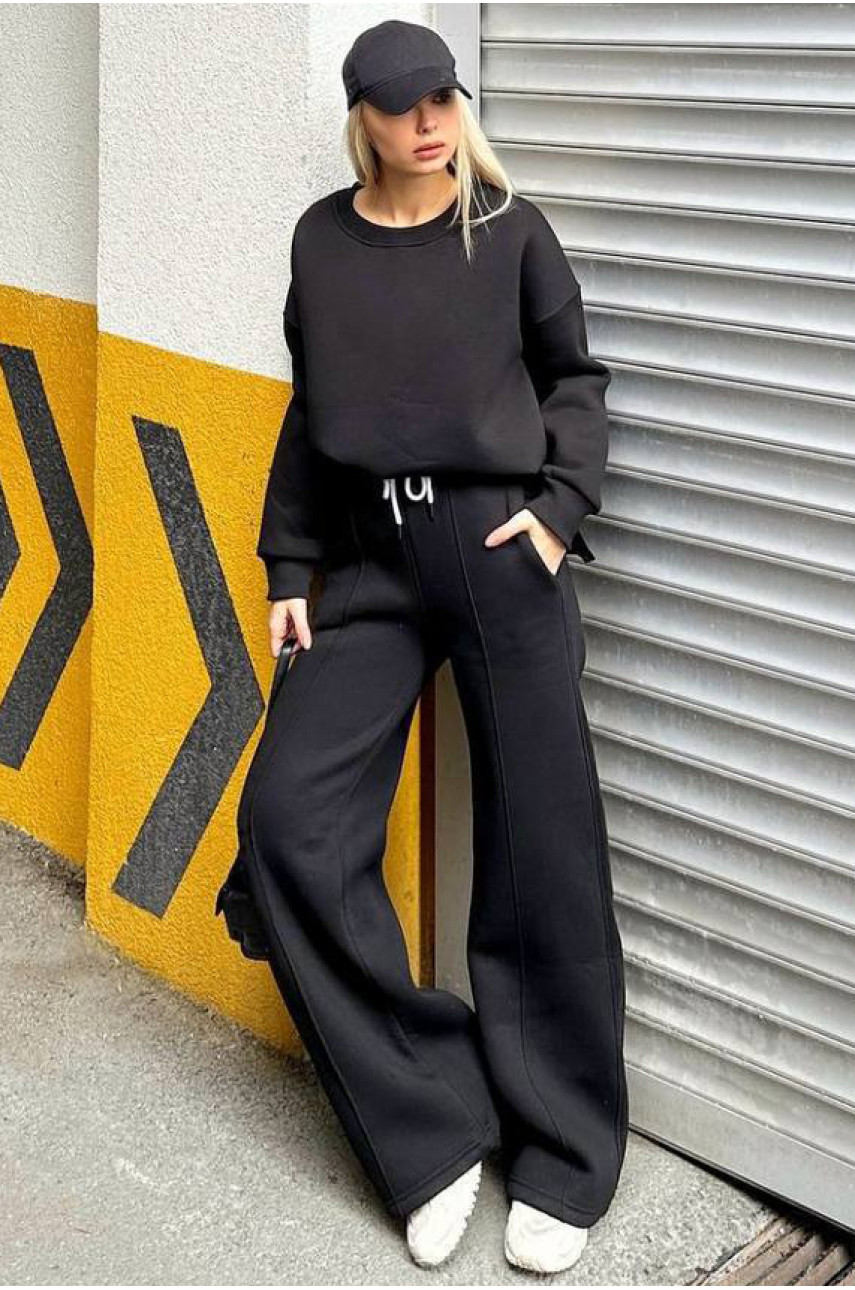Спортивный костюм женский на флисе черного цвета 1209 186879 Спортивный костюм женский на флисе черного цвета 1209 186879