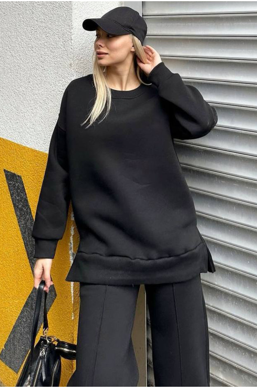 Спортивный костюм женский на флисе черного цвета 1209 186879 Спортивный костюм женский на флисе черного цвета 1209 186879